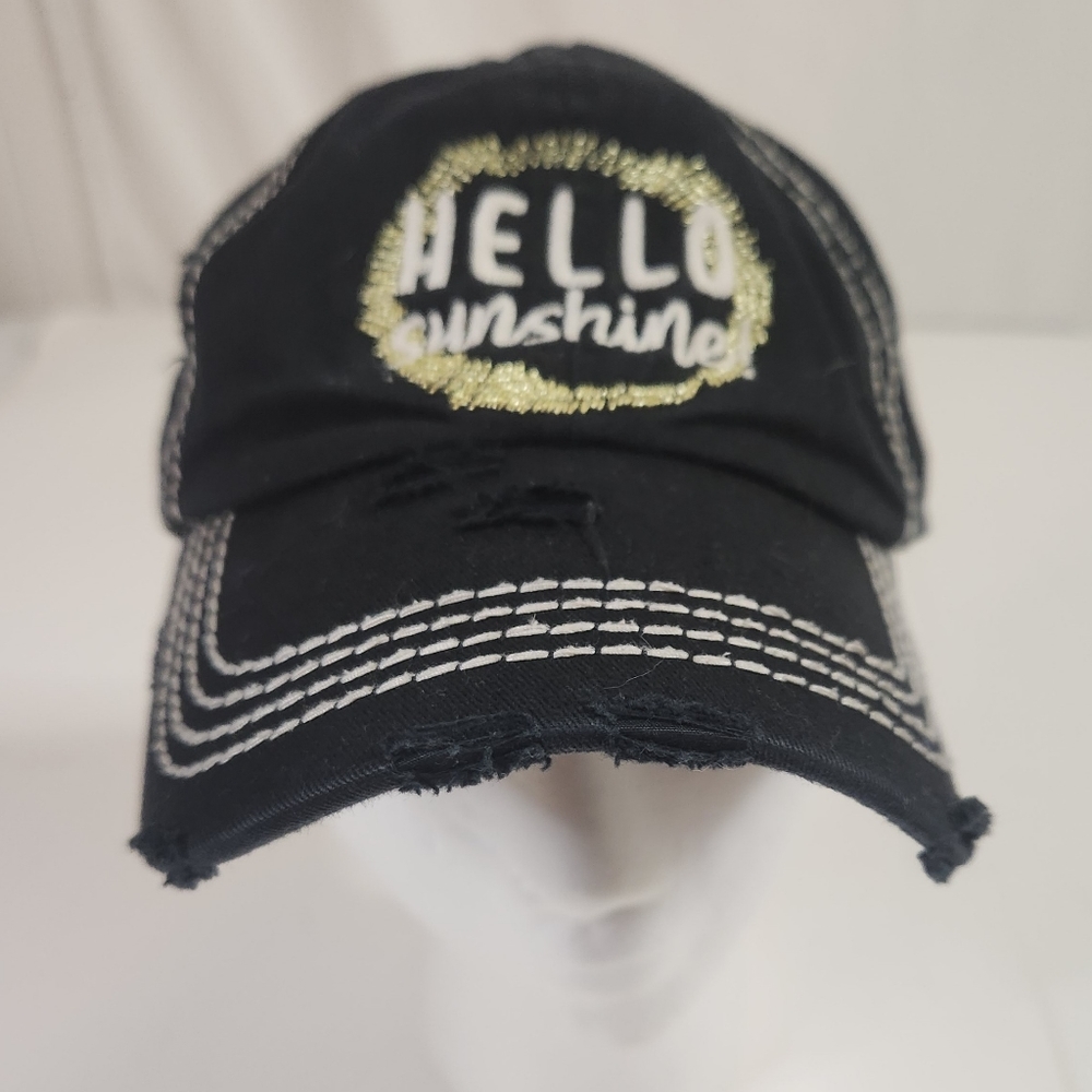 Vintage Hello Sunshine Distressed Hat Cap Black Adjustable